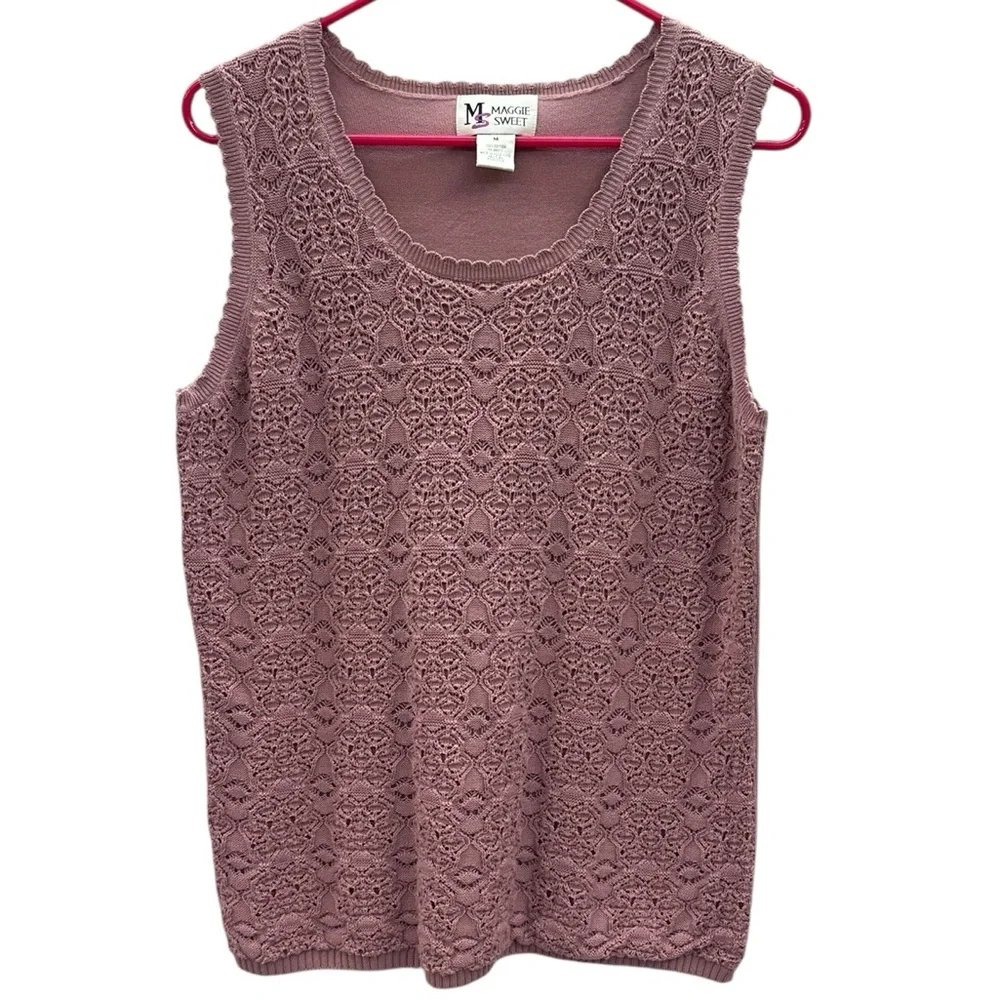 Vintage Cotton Maggie Sweet Sleeveless Knit Scalloped Scoop Neck Top Womens M